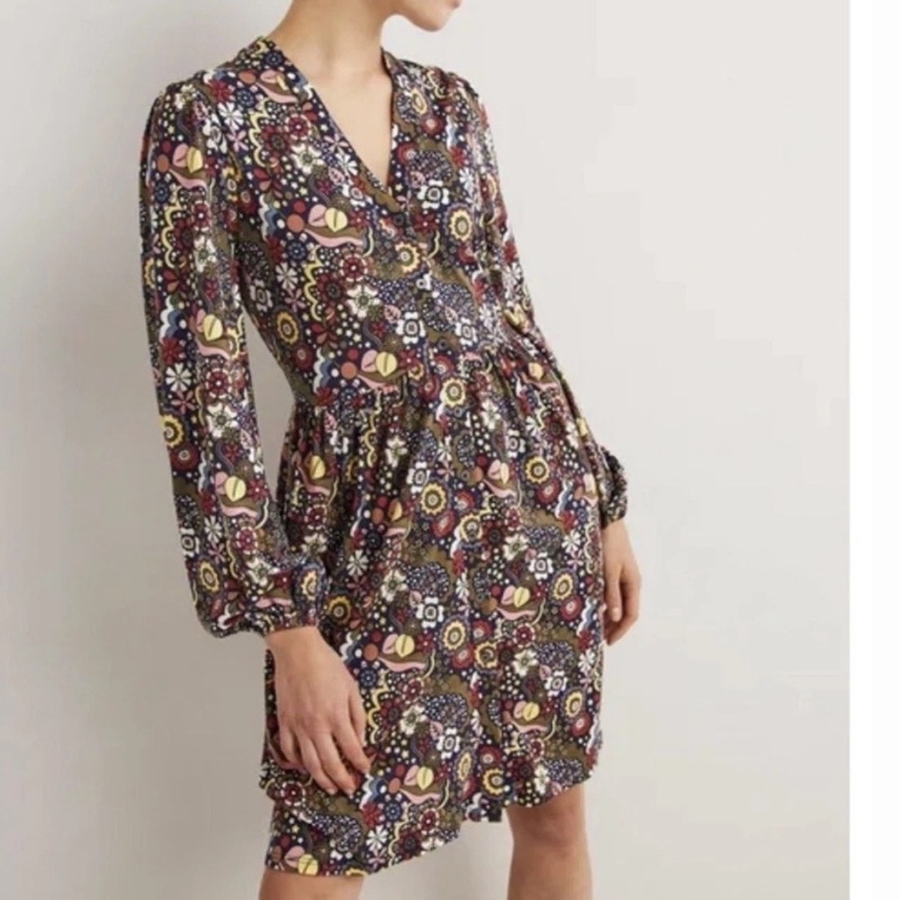 NEW Boden Floral Button Through Jersey Long Sleeve V Neck Dress